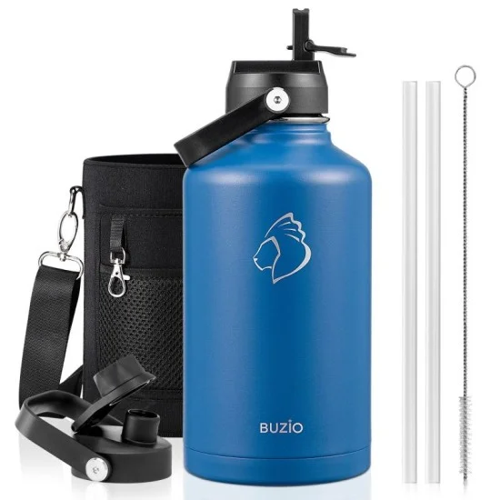 Buzio Duet Series Water Bottle with 2 Lids and Sleeve 1.9L - Blue
